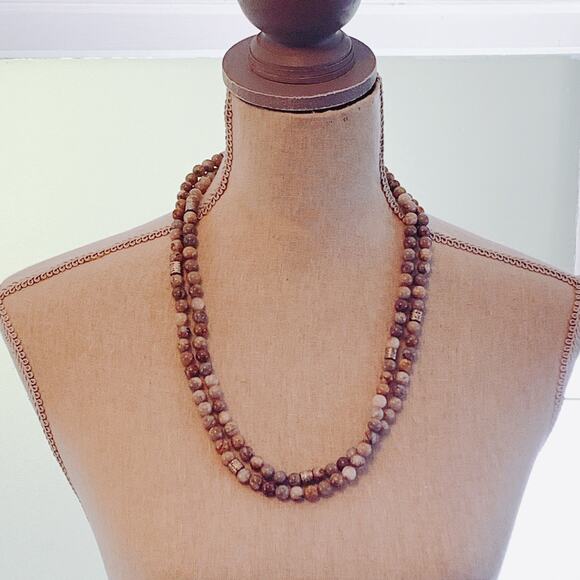 VTG Extra Long Jasper Beaded Necklace Boho Natural Stone Barrel Spacers 50", Y2K - Picture 2 of 10